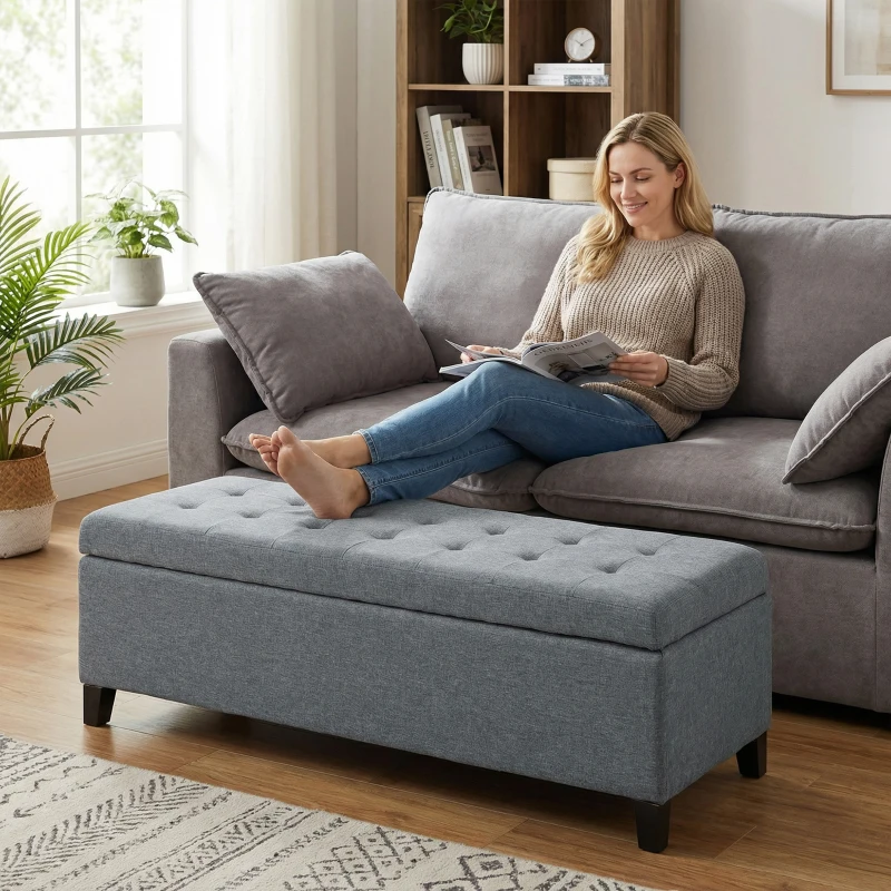 HOMCOM Rectangular Entry Bench, Tufted Upholstered Linen Fabric Wood Feet Storage Ottoman Bench, Grey