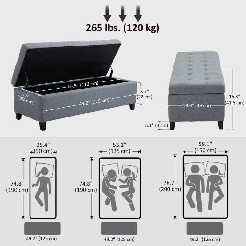 HOMCOM Rectangular Entry Bench, Tufted Upholstered Linen Fabric Wood Feet Storage Ottoman Bench, Grey