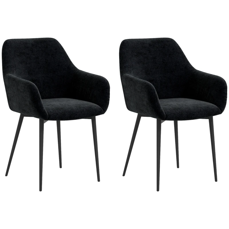 HOMCOM Dining Chairs Set of 2, Velvet-look Fabric Upholstered Kitchen Chairs with Backrest, Armrests and Steel Legs, Black