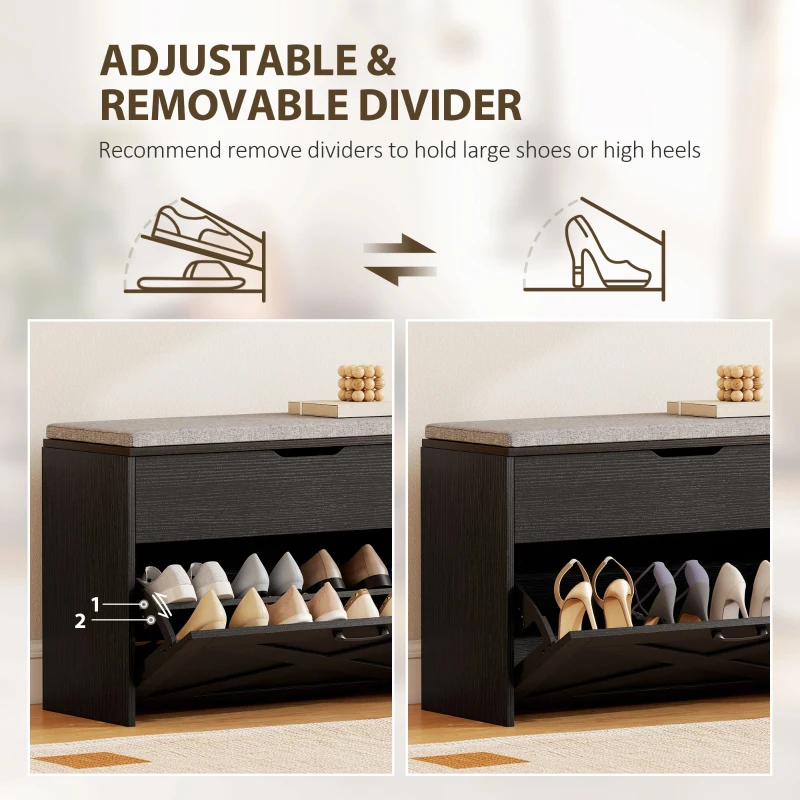 HOMCOM Shoe Storage Bench with Flip Drawer and Lift Top Storage, Entryway Bench with Seat Cushion for Hallway, Black