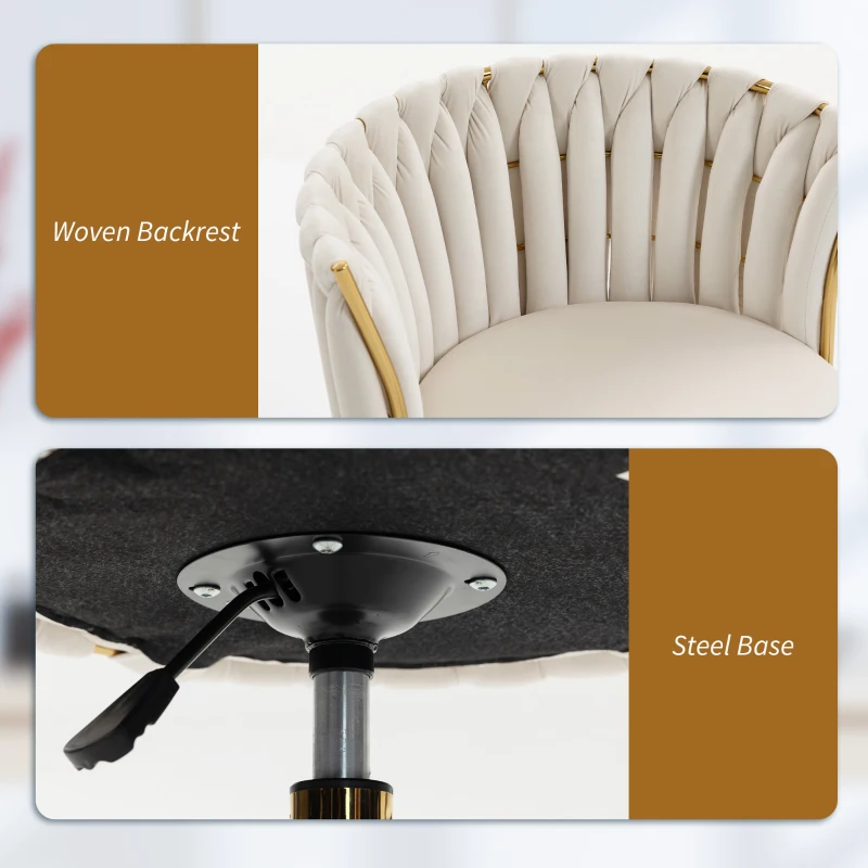 HOMCOM Office Chair, Vanity Chair with Woven Back, Adjustable Height, Rolling Wheels, Cream White