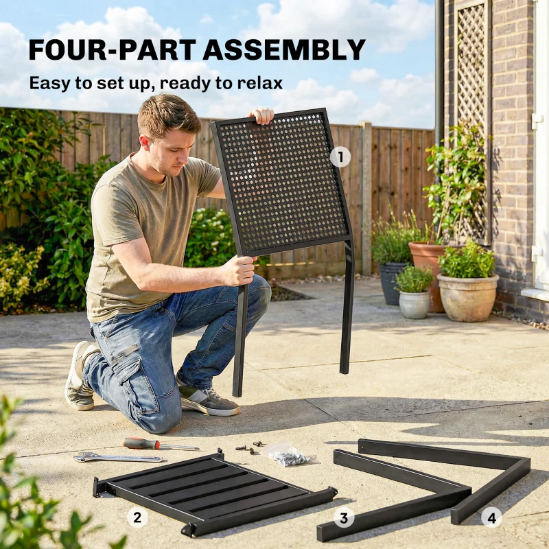 Outsunny Stackable Patio Chairs Set of 2, Outdoor Dining Chairs with Faux Wicker Steel Mesh Back, Slatted Seat, Armrests, Black