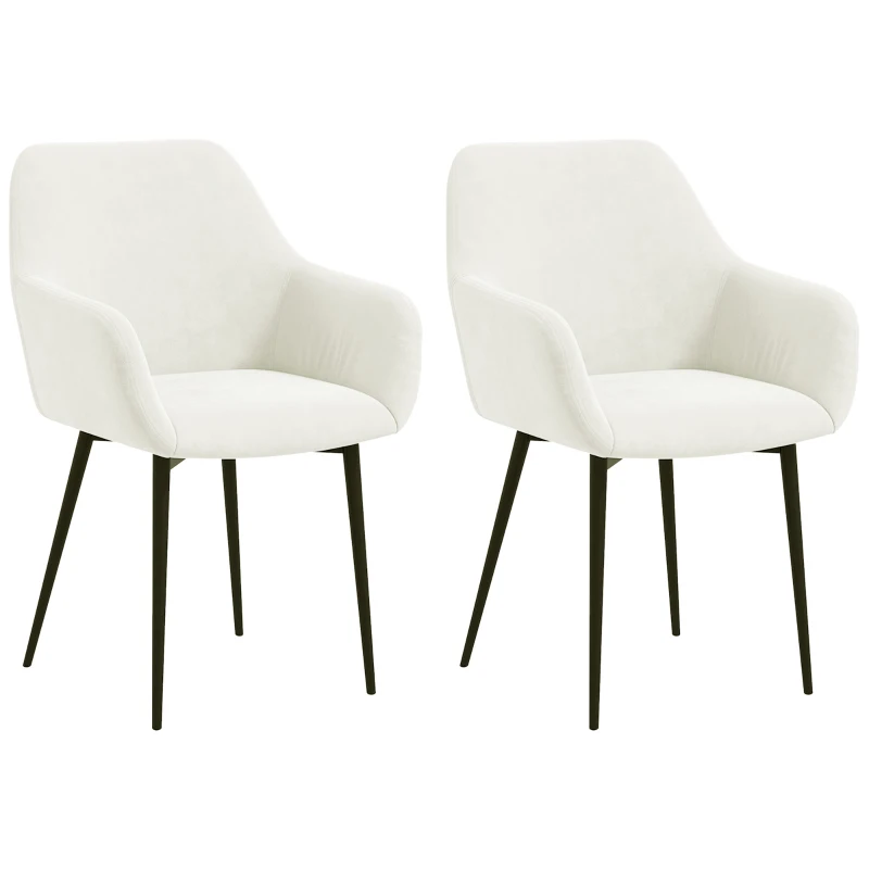 HOMCOM Dining Chairs Set of 2, Velvet-look Fabric Upholstered Kitchen Chairs with Backrest, Armrests and Steel Legs, Cream White