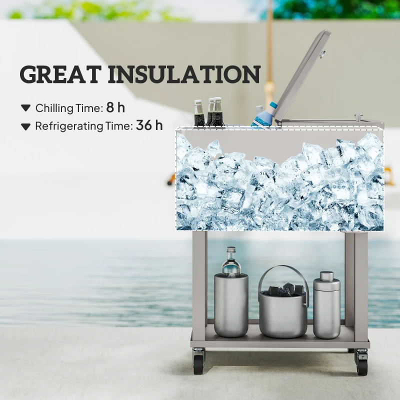 Outsunny 60 Quart Rolling Outdoor Cooler, Portable Rolling Patio Cooler Cart with Locking Wheels, Storage Shelf, Silver