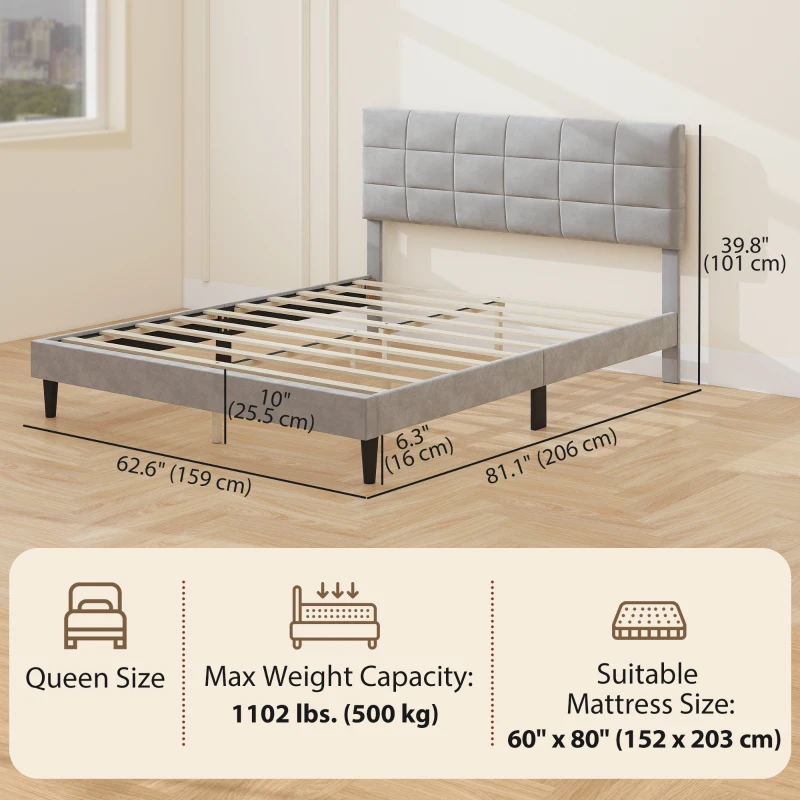 HOMCOM Queen Size Bed Frame with Upholstered Headboard, Modern Platform Bed Frame with Wood Slats, 1100 lbs Capacity, Grey