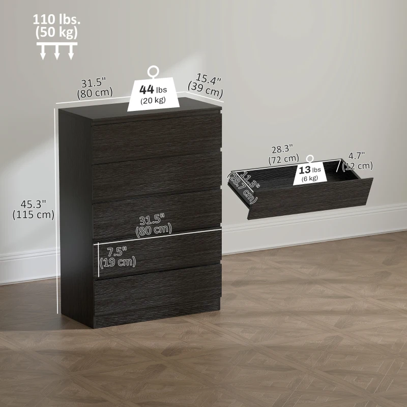 HOMCOM Dresser for Bedroom with 5 Drawers, Modern Chest of Drawers for Living Room, Closet, Hallway, Black