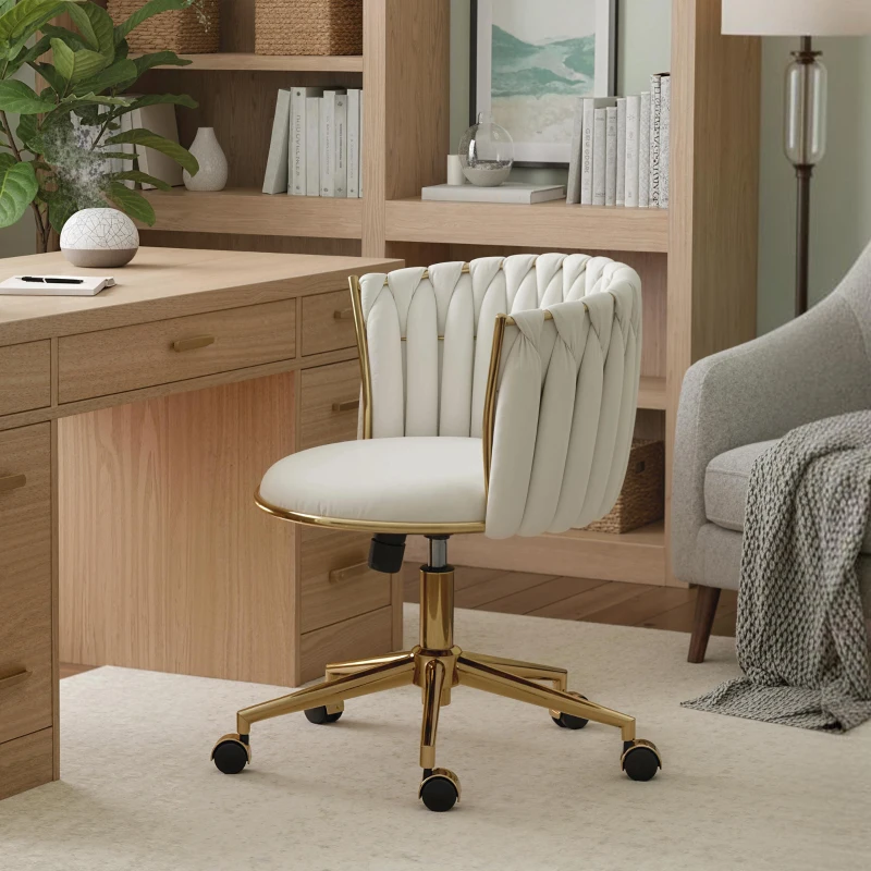 HOMCOM Office Chair, Vanity Chair with Woven Back, Adjustable Height, Rolling Wheels, Cream White