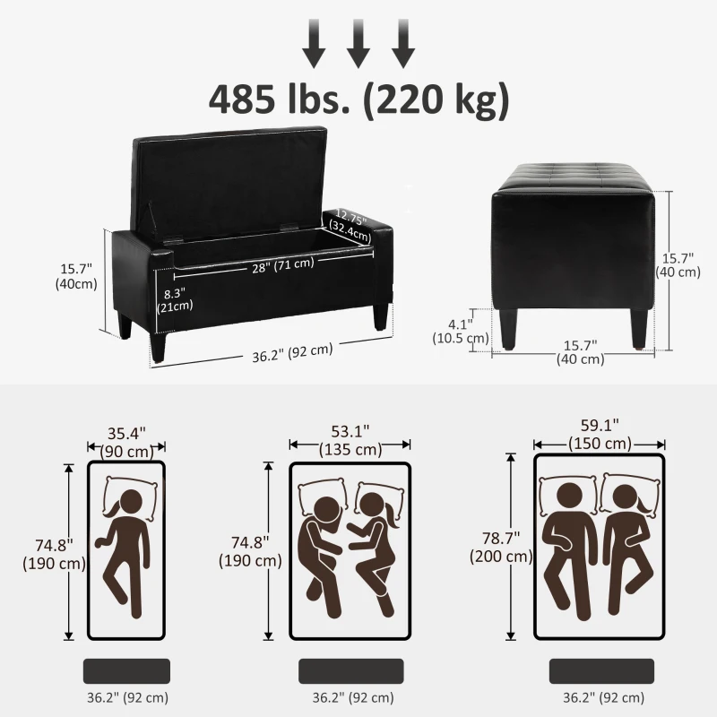 HOMCOM Storage Ottoman Bench, PU Leather Upholstered Bench with Tufted Design, Black