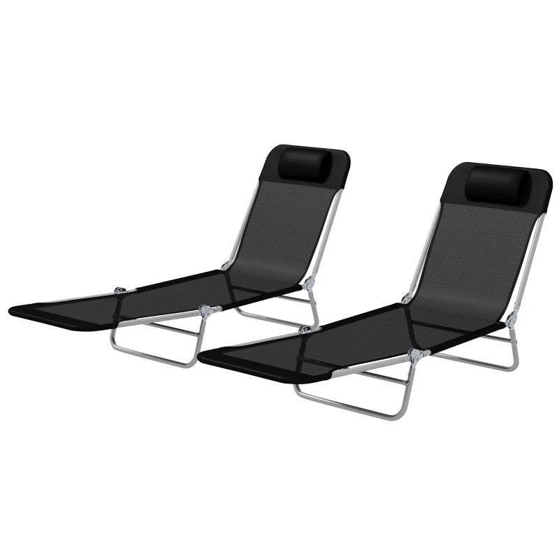 Outsunny Folding Outdoor Lounge Chair Set of 2, Reclining Tanning Chair with 5-Position Adjustable Backrest, Black