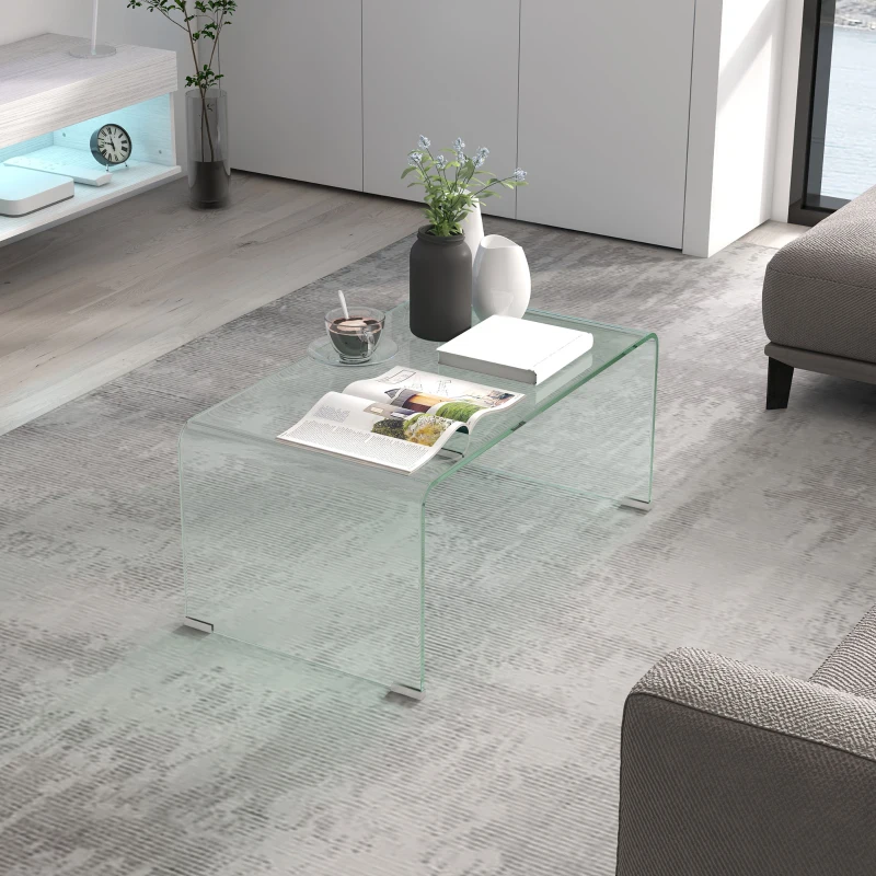 HOMCOM Glass Coffee Table, Clear Coffee Table for Living Room, Modern Rectangle Center Table with Safe Rounded Edges