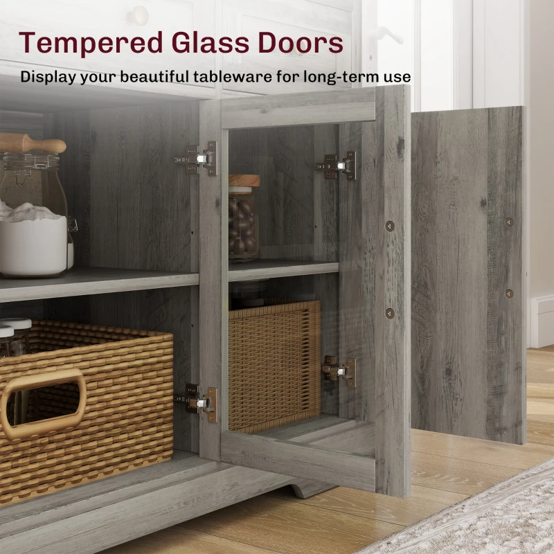HOMCOM Dining Room Sideboard Buffet Cabinet with Storage, Coffee Bar Cabinet with Glass Doors and Adjustable Shelves, Weathered Grey Oak