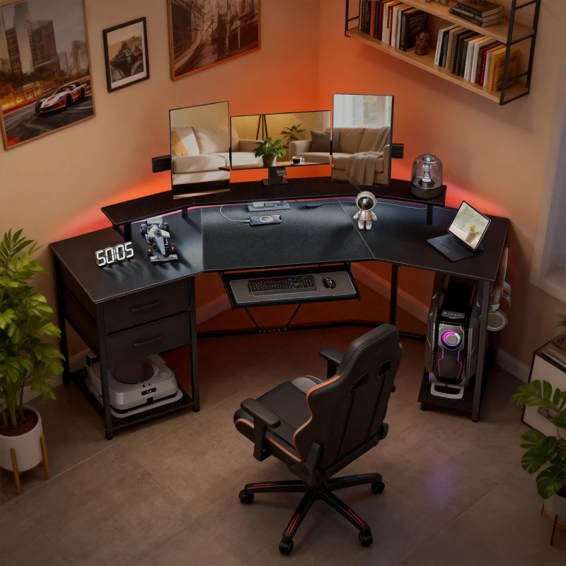 HOMCOM 79 inch Gaming Desk with RGB Lights, Computer Table with Power Outlets & USB Ports, Keyboard Tray and 2 Drawers, Black