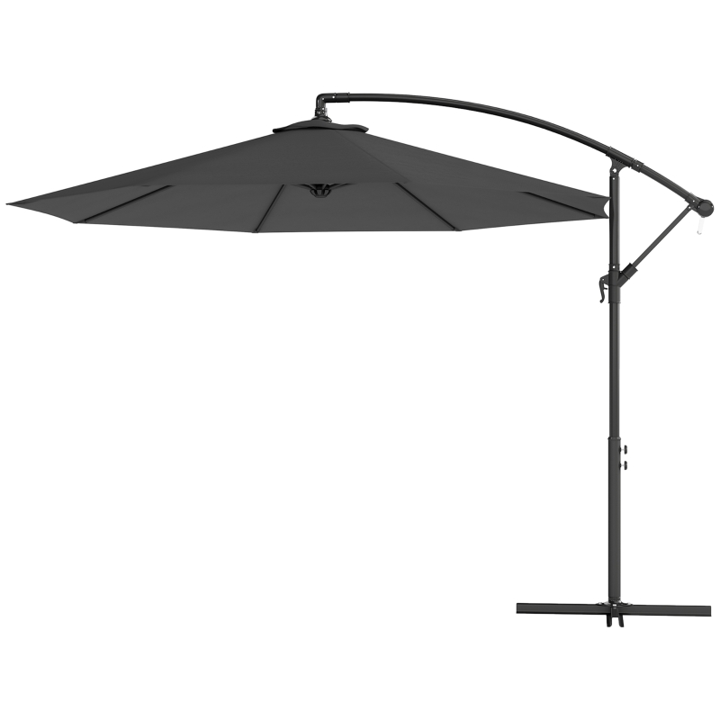 Outsunny 10' Deluxe Patio Umbrella, Outdoor Market Parasol, Banana Hanging Offset Sunshade with Crank, Cross Base, Grey