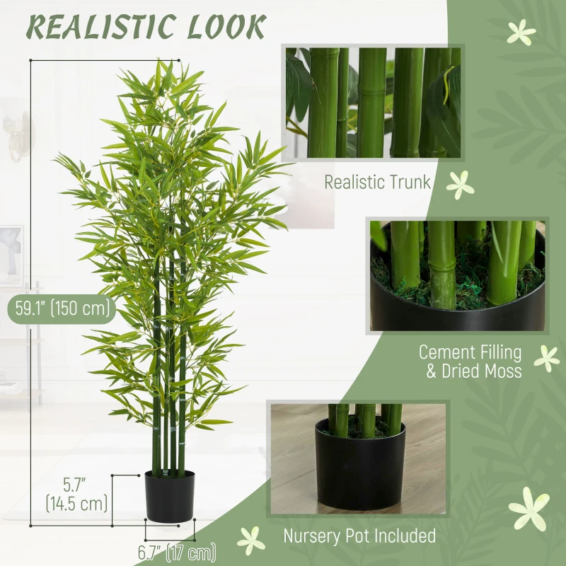 HOMCOM 5FT Artificial Bamboo Tree, Faux Decorative Plant in Nursery Pot for Indoor Decor, Set of 2