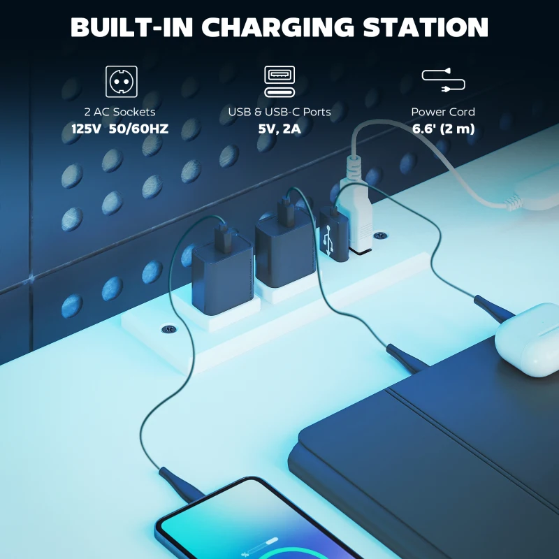 HOMCOM 79 inch Gaming Desk with RGB Lights, Computer Table with Power Outlets & USB Ports, Keyboard Tray and 2 Drawers, White
