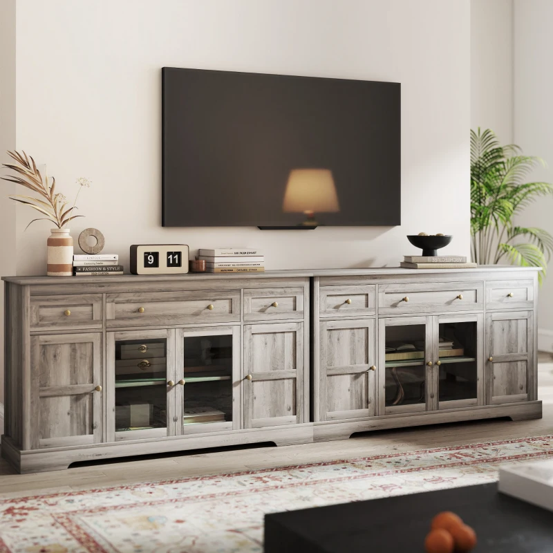 HOMCOM Dining Room Sideboard Buffet Cabinet with Storage, Coffee Bar Cabinet with Glass Doors and Adjustable Shelves, Weathered Grey Oak