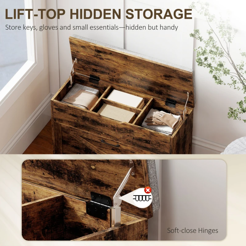 HOMCOM Shoe Storage Bench with Flip Drawer and Lift Top Storage, Entryway Bench with Seat Cushion for Hallway, Rustic Brown