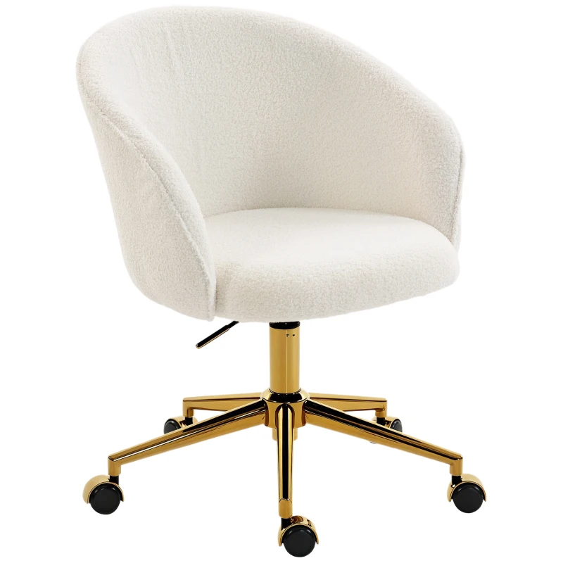 HOMCOM Office Chair, Teddy Fleece Upholstered Vanity Desk Chair, Cream White