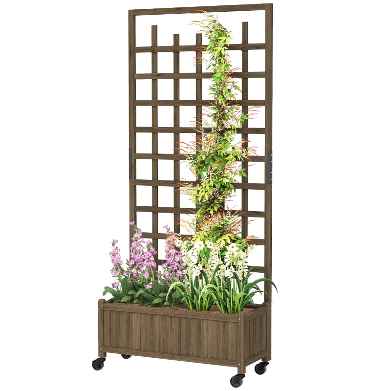 Outsunny Wooden Planter with Trellis, Raised Garden Bed with Wheels, Drainage Holes for Climbing Plants, Flowers, Brown