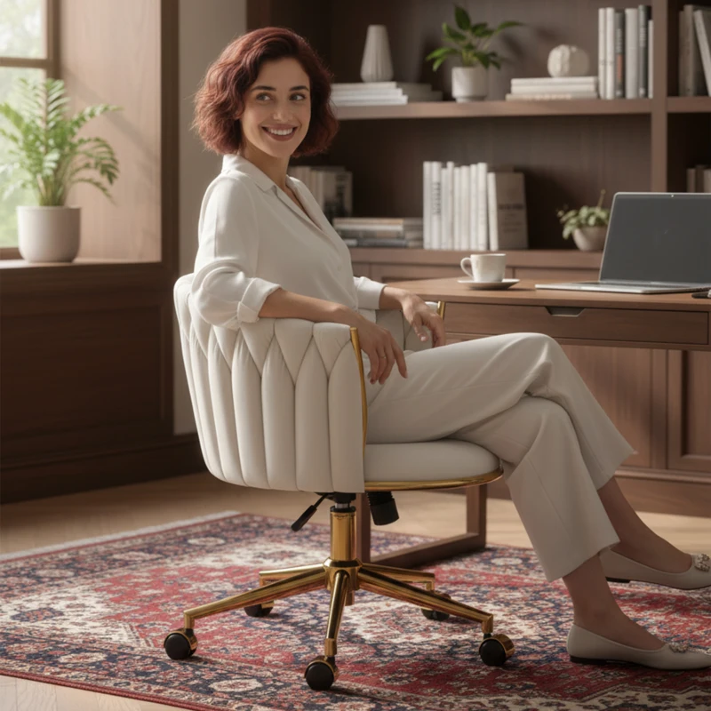 HOMCOM Office Chair, Vanity Chair with Woven Back, Adjustable Height, Rolling Wheels, Cream White