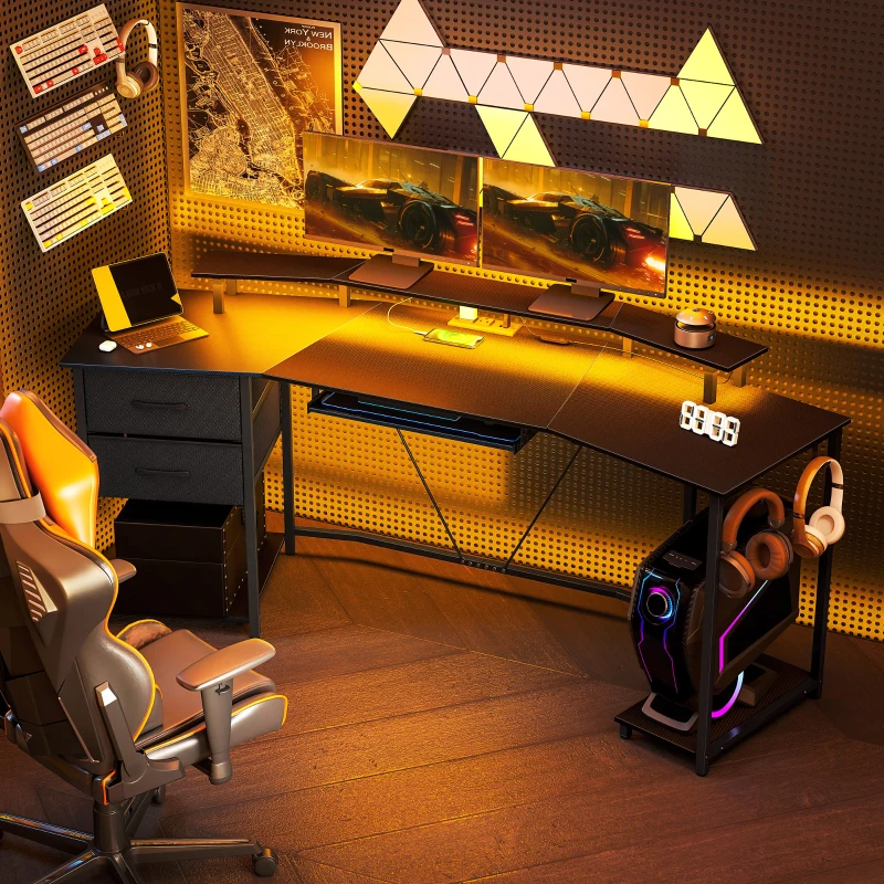 HOMCOM 79 inch Gaming Desk with RGB Lights, Computer Table with Power Outlets & USB Ports, Keyboard Tray and 2 Drawers, Black