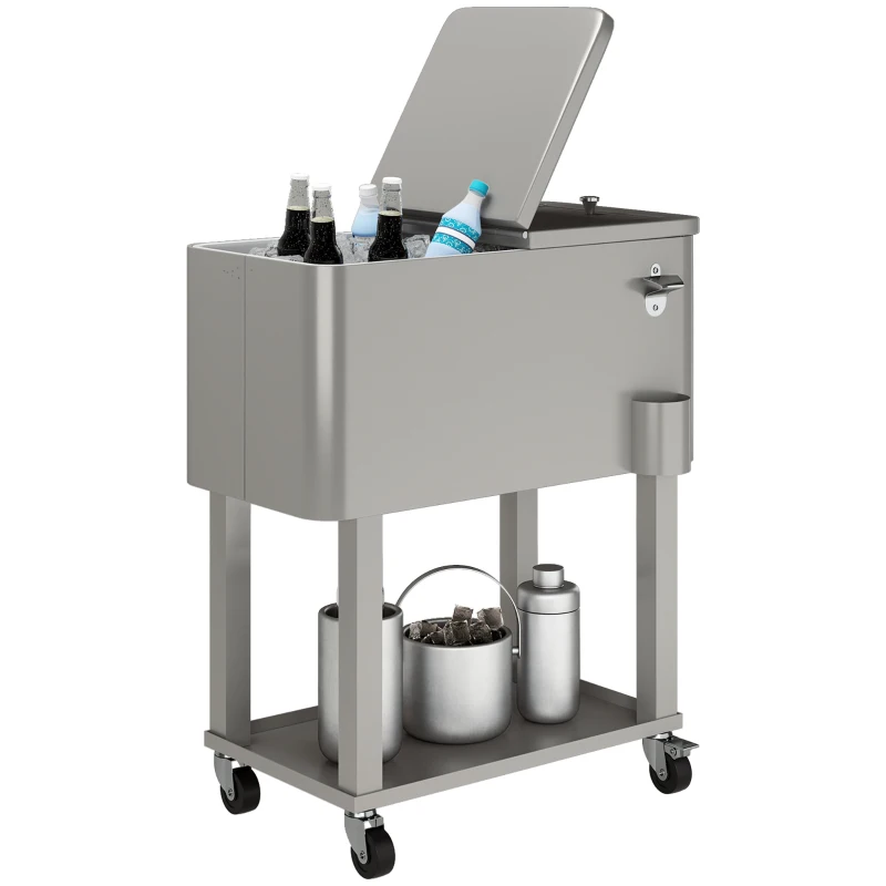 Outsunny 60 Quart Rolling Outdoor Cooler, Portable Rolling Patio Cooler Cart with Locking Wheels, Storage Shelf, Silver