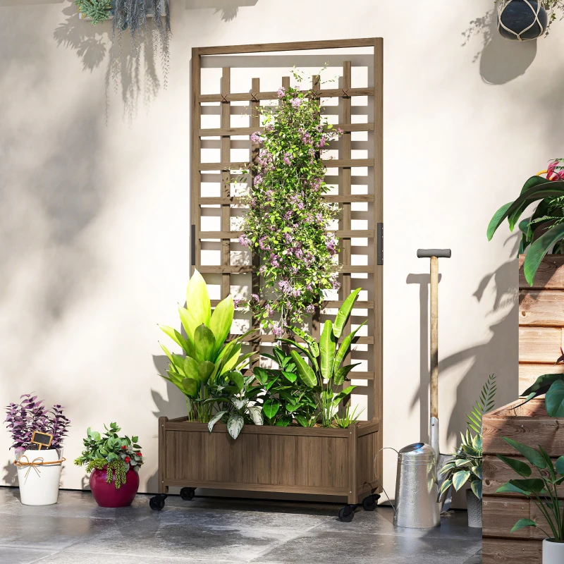 Outsunny Wooden Planter with Trellis, Raised Garden Bed with Wheels, Drainage Holes for Climbing Plants, Flowers, Brown