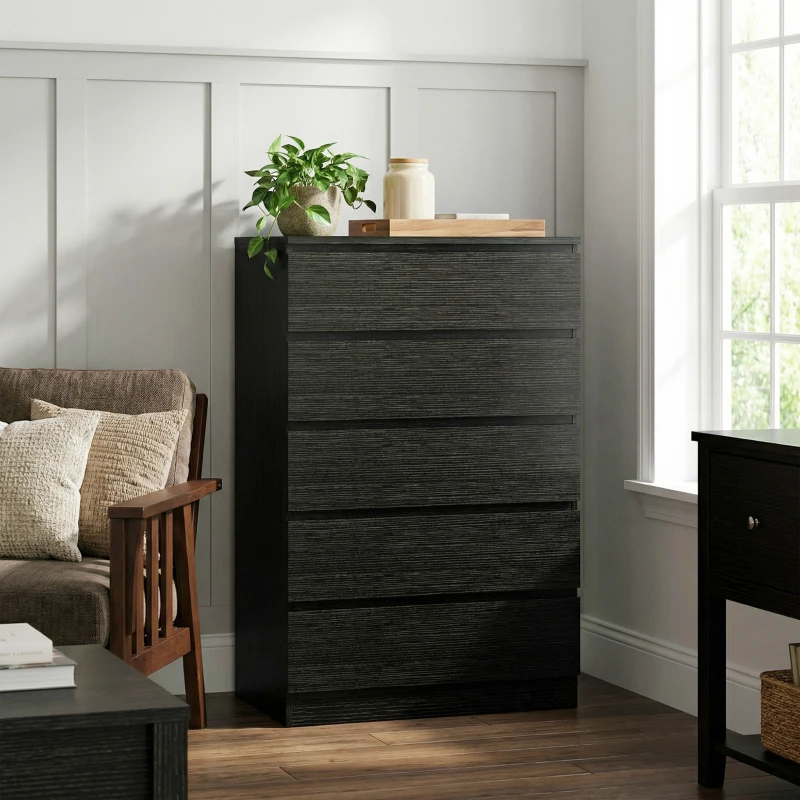HOMCOM Dresser for Bedroom with 5 Drawers, Modern Chest of Drawers for Living Room, Closet, Hallway, Black