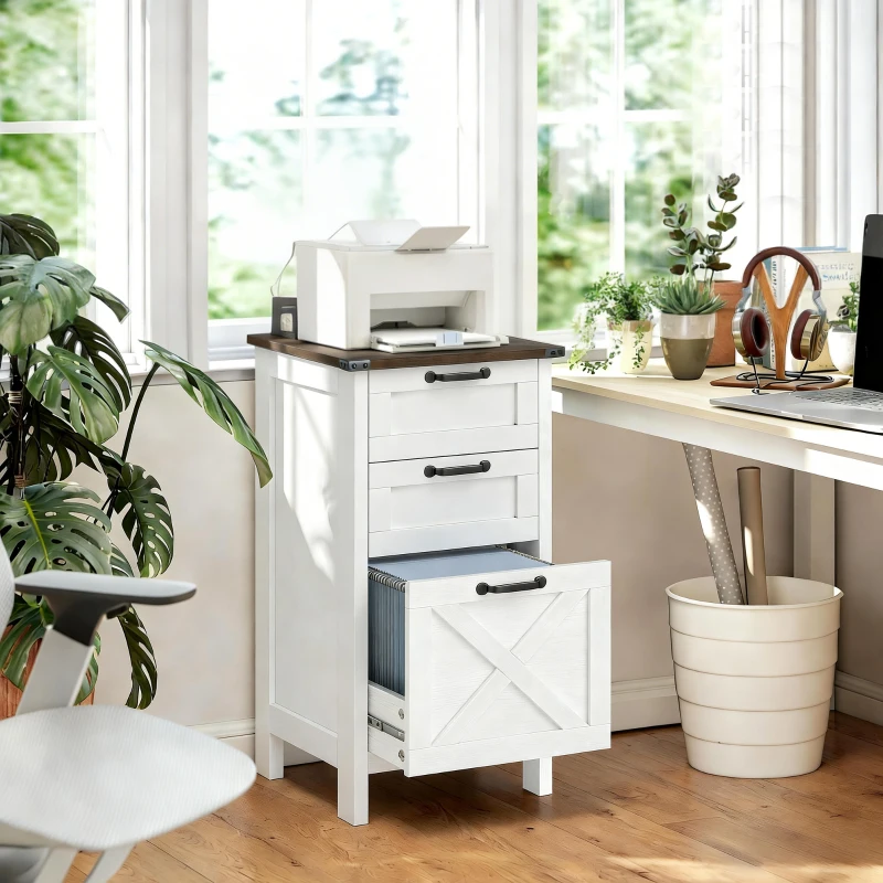 HOMCOM Vertical File Cabinet with 3 Drawers, Rustic Farmhouse Office Storage Cabinet for A4, Letter Size, Distressed White