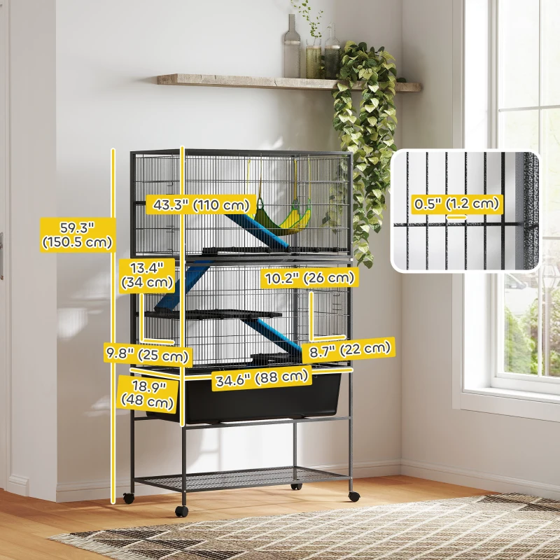 PawHut 59" 5-Level Small Animal Cage, Rolling Ferret Cage with 6.3" Deep Tray, Non-Slip Cloth Covered Ramps, Hammock, Dark Grey