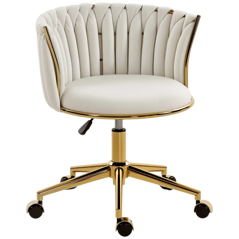 HOMCOM Office Chair, Vanity Chair with Woven Back, Adjustable Height, Rolling Wheels, Cream White