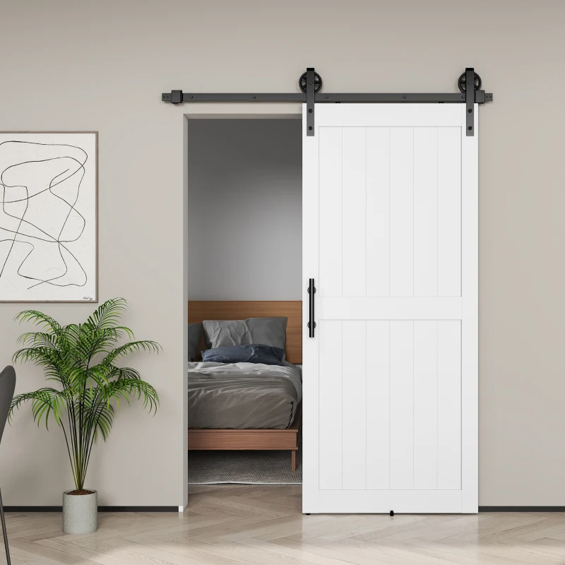 HOMCOM 36inx84in Barn Door with 6FT Sliding Door Hardware Kit, Handle, Upgraded Rollers and Floor Guide, Waterproof, White