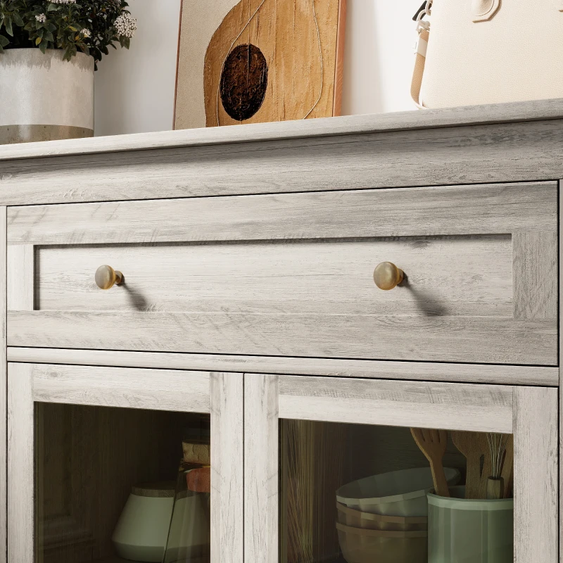 HOMCOM Dining Room Sideboard Buffet Cabinet with Storage, Coffee Bar Cabinet with Glass Doors and Adjustable Shelves, Weathered Grey Oak