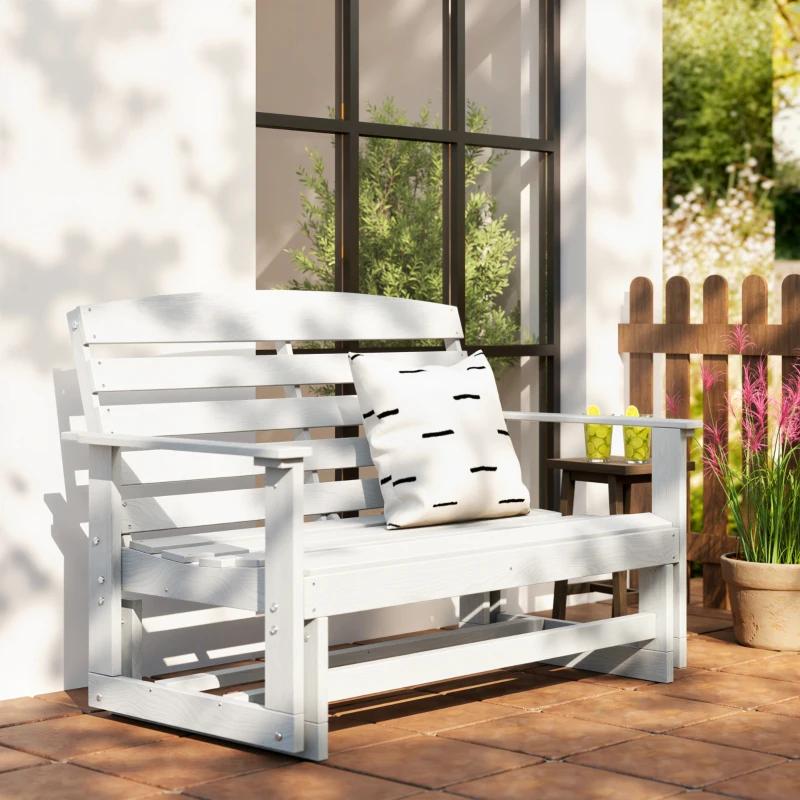 Outsunny Patio Glider Bench w/ HDPE Slatted Double Rocking Chair, Distressed White