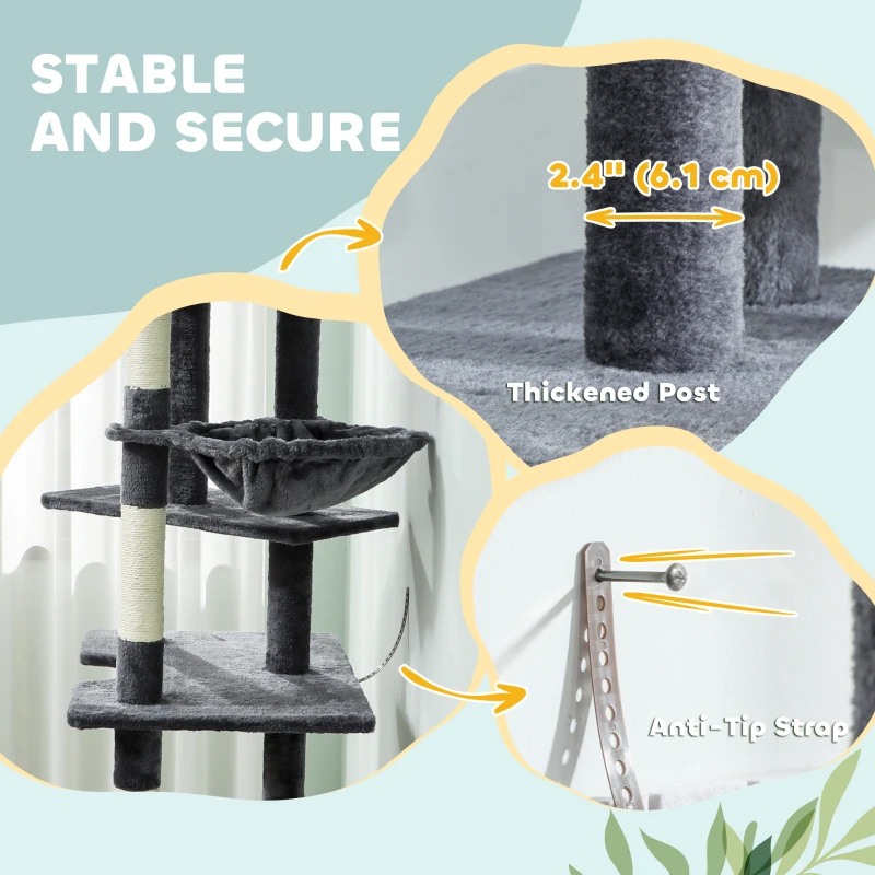 PawHut 91"-98" Floor to Ceiling Cat Tree with 2 Condos, Hammock and Sisal Scratching Posts, for Indoor, Dark Grey