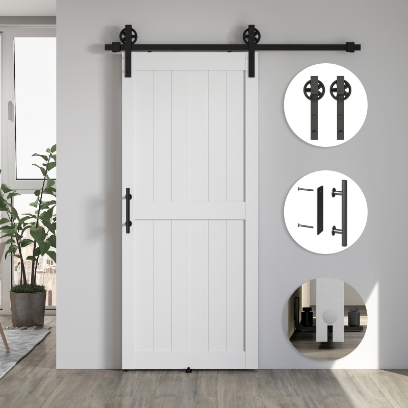 HOMCOM 36inx84in Barn Door with 6FT Sliding Door Hardware Kit, Handle, Upgraded Rollers and Floor Guide, Waterproof, White