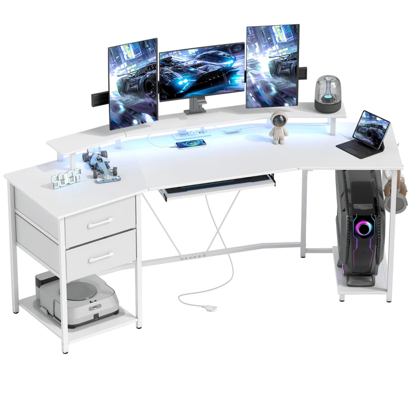 HOMCOM 79 inch Gaming Desk with RGB Lights, Computer Table with Power Outlets & USB Ports, Keyboard Tray and 2 Drawers, White