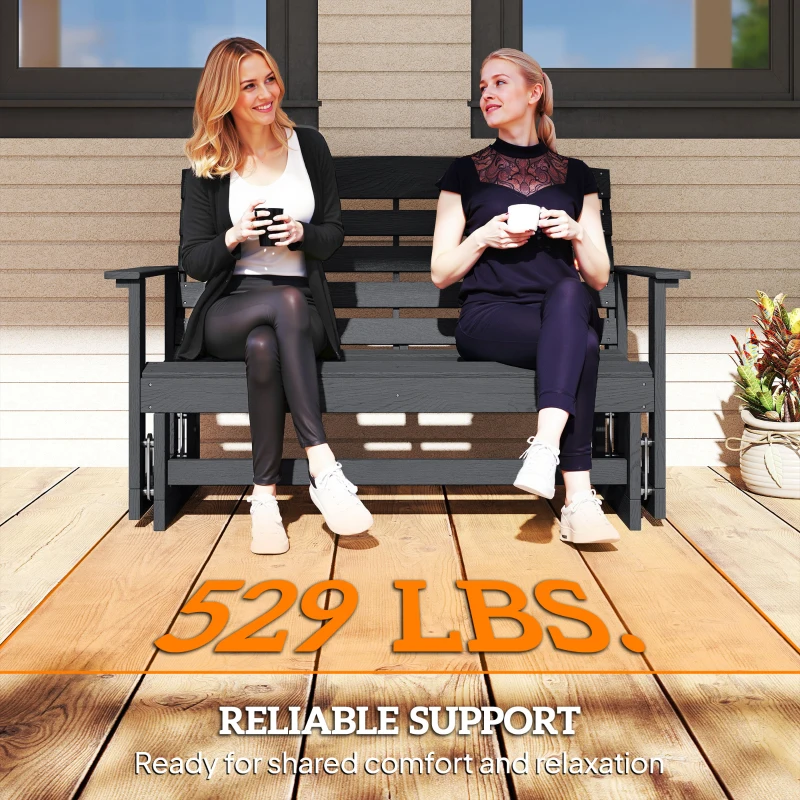 Outsunny Patio Glider Bench w/ HDPE Slatted Double Rocking Chair, Distressed Black