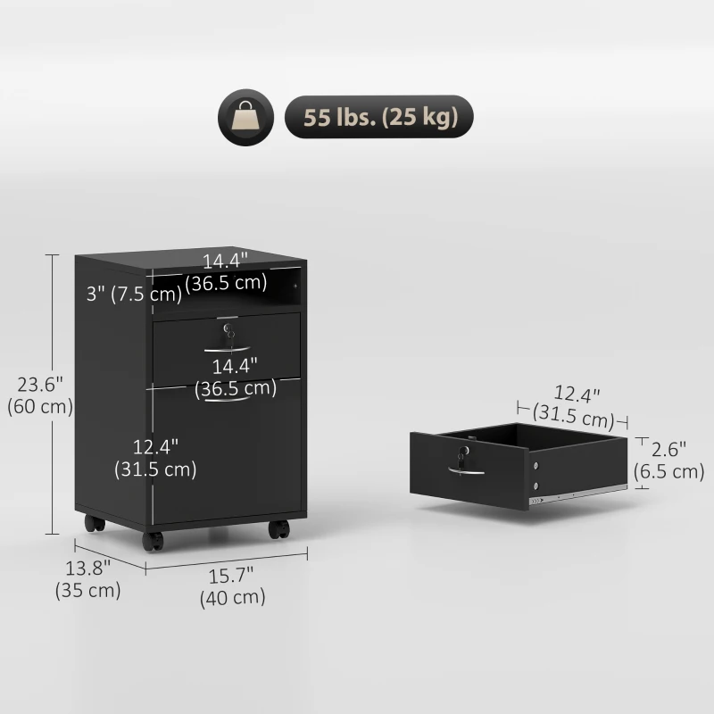 HOMCOM 24" Small Filing Cabinet with Open Compartment, Drawer and Wheels, Home Office Storage Cabinet, Black