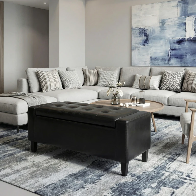 HOMCOM Storage Ottoman Bench, PU Leather Upholstered Bench with Tufted Design, Black