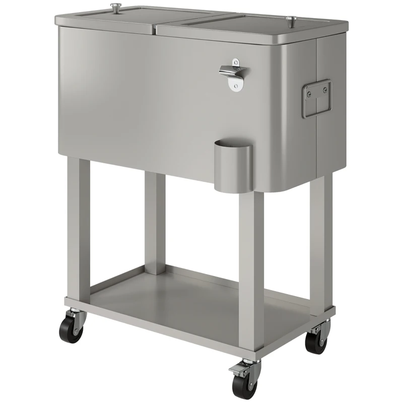 Outsunny 60 Quart Rolling Outdoor Cooler, Portable Rolling Patio Cooler Cart with Locking Wheels, Storage Shelf, Silver