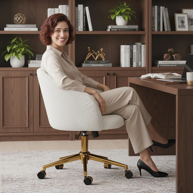 HOMCOM Office Chair, Teddy Fleece Upholstered Vanity Desk Chair, Cream White