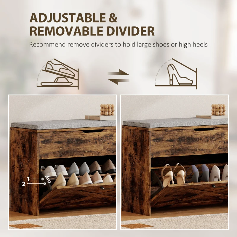 HOMCOM Shoe Storage Bench with Flip Drawer and Lift Top Storage, Entryway Bench with Seat Cushion for Hallway, Rustic Brown