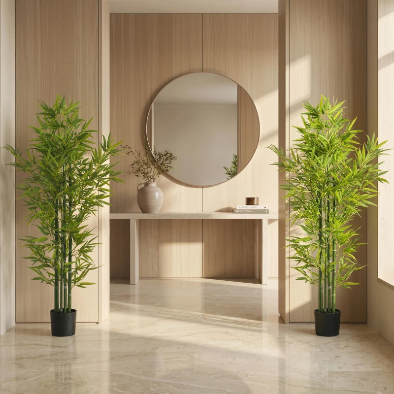 HOMCOM 5FT Artificial Bamboo Tree, Faux Decorative Plant in Nursery Pot for Indoor Decor, Set of 2