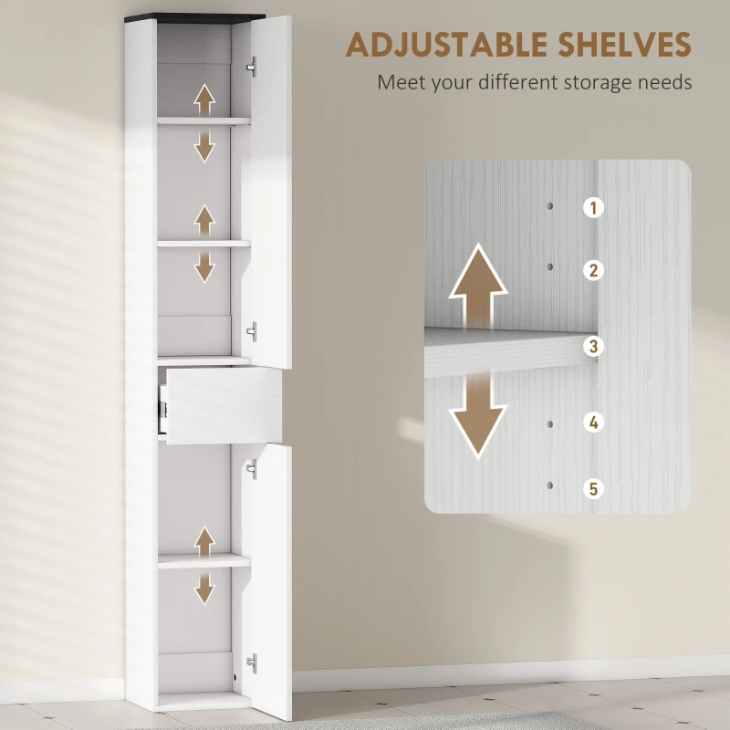 HOMCOM Tall Bathroom Cabinet with 2 Cupboards and Drawer, Slim Bathroom Storage Cabinet with Adjustable Shelves, White