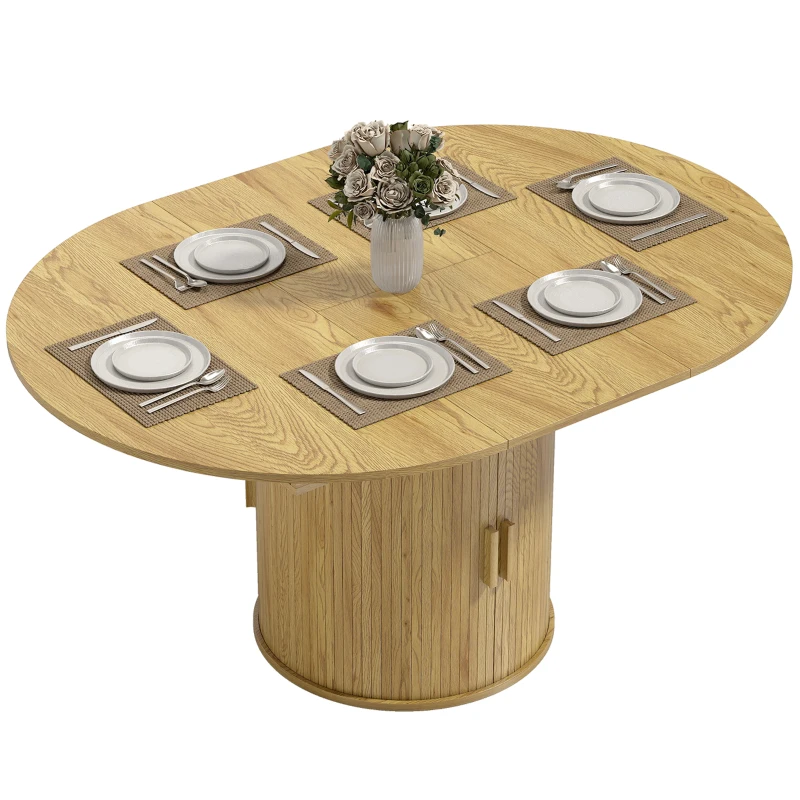 HOMCOM Extendable Dining Table for 6, 60" Farmhouse Kitchen Table with 2-Tier Storage Shelf and Fluted Sliding Doors, Natural