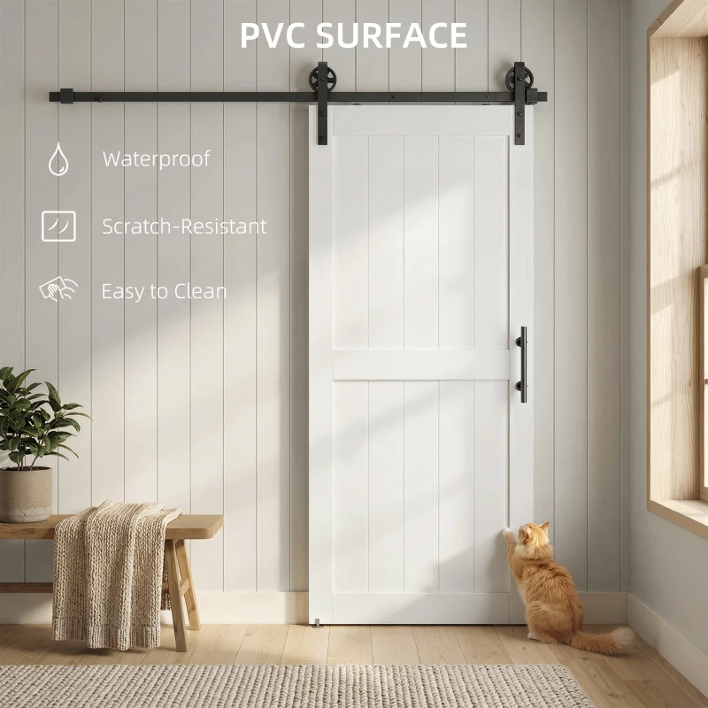 HOMCOM 32inx84in Barn Door with 6FT Sliding Door Hardware Kit, Handle, Upgraded Rollers and Floor Guide, Waterproof, White