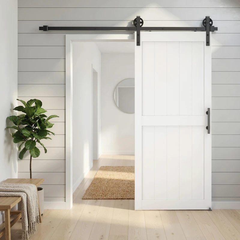 HOMCOM 32inx84in Barn Door with 6FT Sliding Door Hardware Kit, Handle, Upgraded Rollers and Floor Guide, Waterproof, White