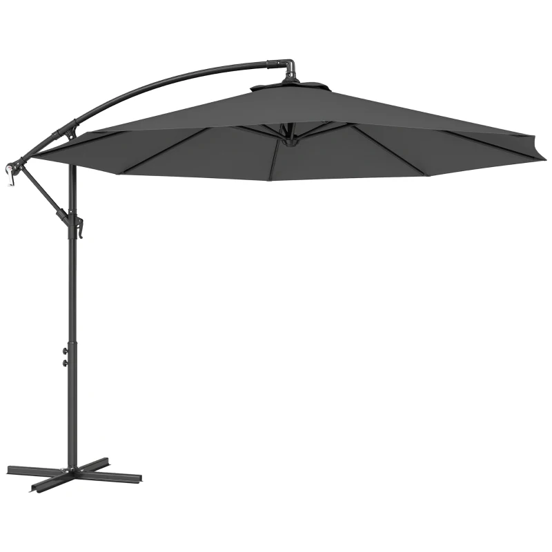 Outsunny 10' Deluxe Patio Umbrella, Outdoor Market Parasol, Banana Hanging Offset Sunshade with Crank, Cross Base, Grey