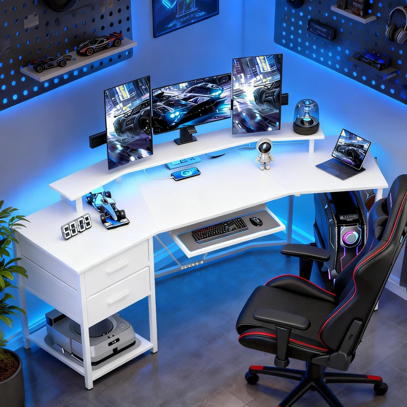 HOMCOM 79 inch Gaming Desk with RGB Lights, Computer Table with Power Outlets & USB Ports, Keyboard Tray and 2 Drawers, White